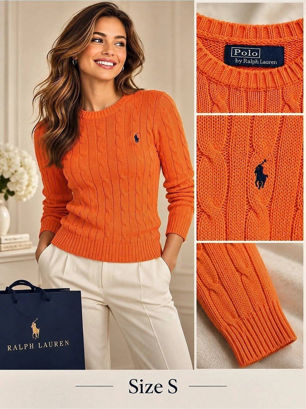 Polo by Ralph Lauren Cable Knit Sweater in Orange Size Small Like New